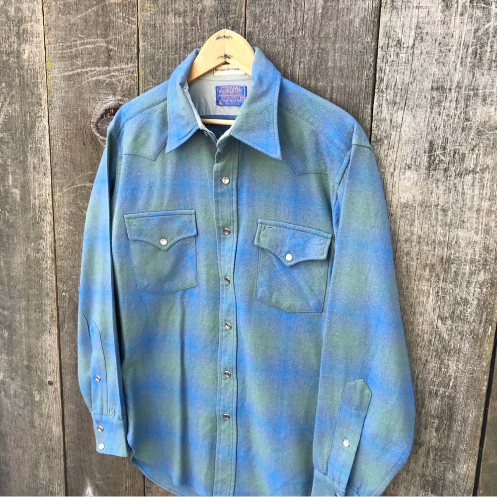 VTG 60s-70s Pendleton Western Wear Ombre Shadow Plaid Pearl Snap Shirt Medium - Picture 5 of 9